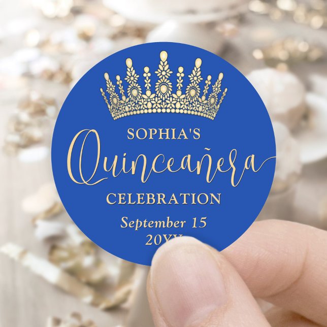 Sticker Rond Simplement élégant Quinceañera Crown Royal Blue &  (Créateur téléchargé)