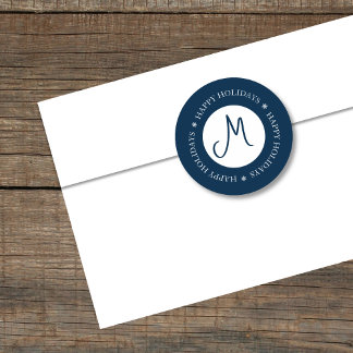 Sticker Rond Simplistic Snowflakes Happy Holidays Blue