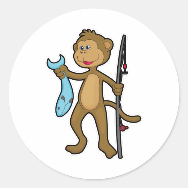 Sticker Rond Singe à la pêche avec bâton de pêche et poisson (Devant)