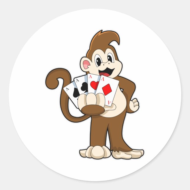 Sticker Rond Singe au Poker avec cartes de Poker (Devant)