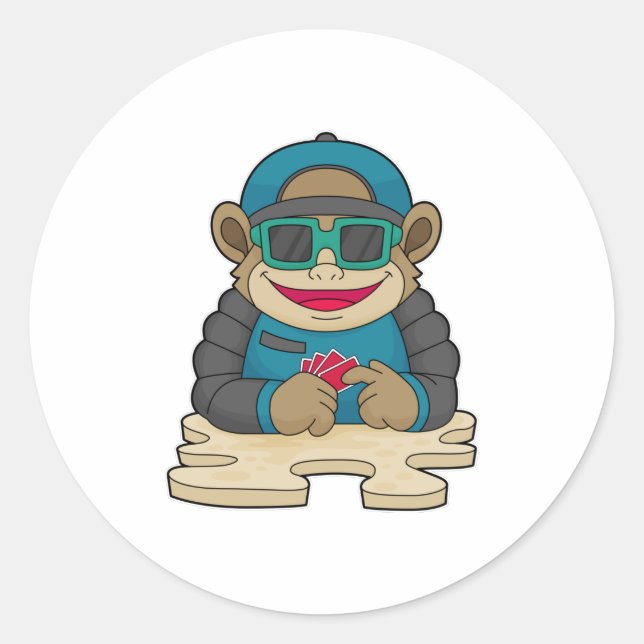 Sticker Rond Singe au Poker avec cartes de Poker et lunettes de (Devant)