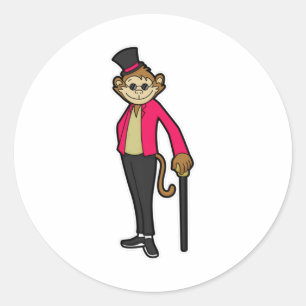 Sticker Rond Singe comme Gentleman avec Casquette et bâton de m