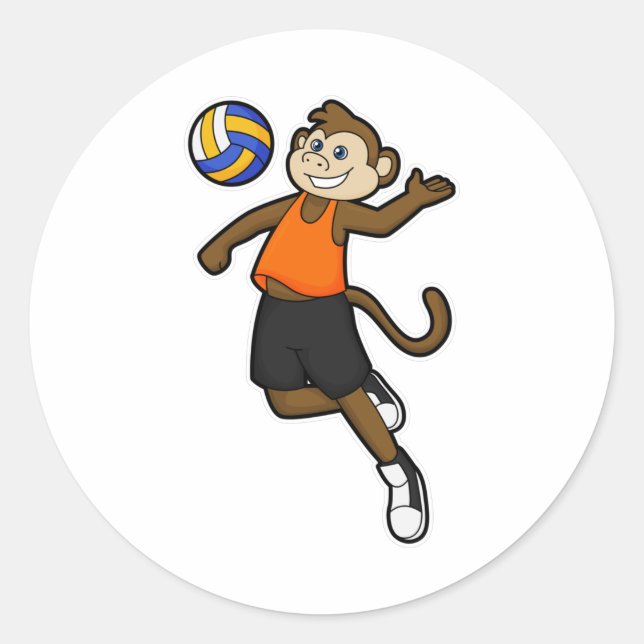 Sticker Rond Singe comme joueur de volleyball avec volleyball (Devant)