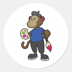 Sticker Rond Singe comme peintre avec peinture et pinceau
