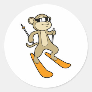 Sticker Rond Singe comme skieur avec ski