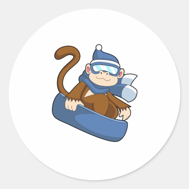 Sticker Rond Singe comme Snowboardeur avec Sonowboard.PNG (Devant)