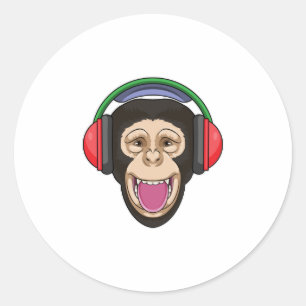 Sticker Rond Singe dans la musique avec casque