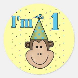 Sticker Rond Singe dans le Casquette du Parti 1er Anniversaire
