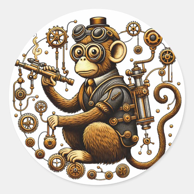 Sticker Rond Singe Steampunk avec Ray Gun (Devant)