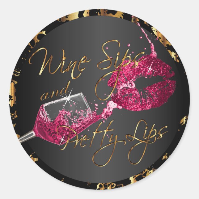 Sticker Rond Sips de vin et jolies lèvres - rose foncé (Devant)