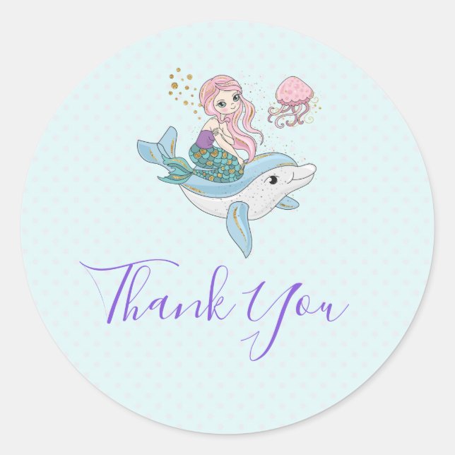 Sticker Rond Sirène chevauchant un dauphin sous le Merci marin (Devant)