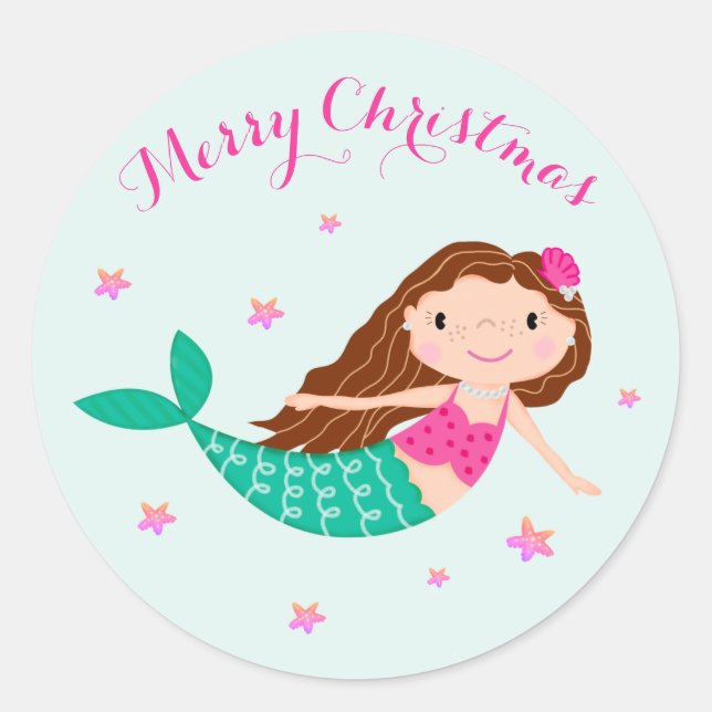 Sticker Rond Sirène de Noël rose Turquoise (Devant)