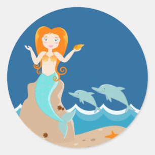 Sticker Rond Sirène et dauphins sous la mer fête d'anniversaire