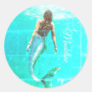 Sticker Rond Sirène Été Bleu Océan Moderne Chic
