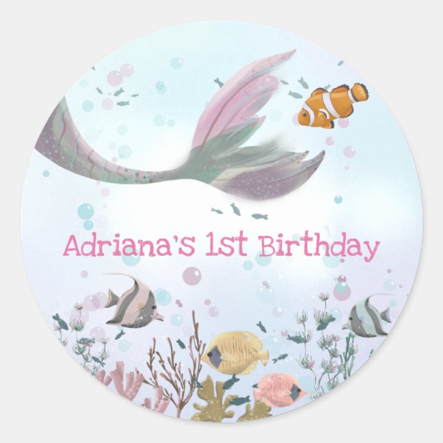 Sticker Rond Sirène Sous L'Autocollant D'Anniversaire De La Mer (Devant)