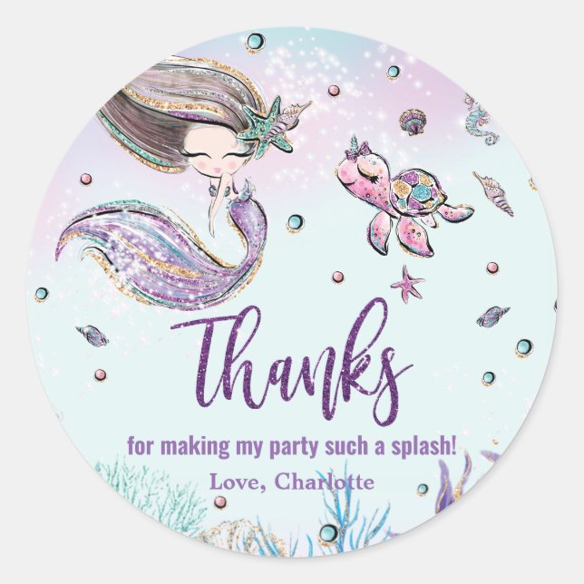 Sticker Rond Sirène Whimsical sous la mer Anniversaire Favor (Devant)