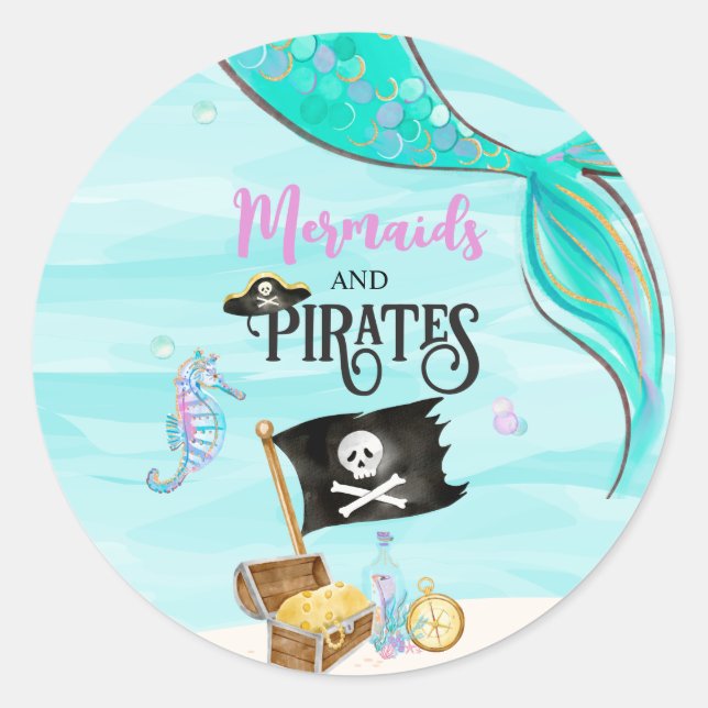 Sticker Rond Sirènes et pirates Anniversaire (Devant)