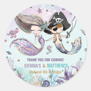 Sticker Rond Sirènes et pirates sous la mer Anniversaire conjoi
