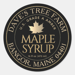 Sticker Rond Sirop d'érable en noir avec feuille d'érable d'or