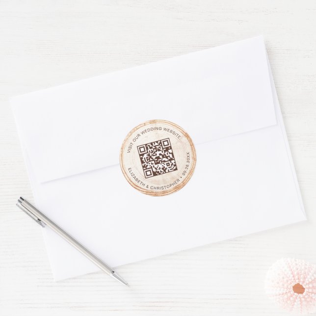 Sticker Rond Site mariage QR code Bois rustique RSVP (Enveloppe)