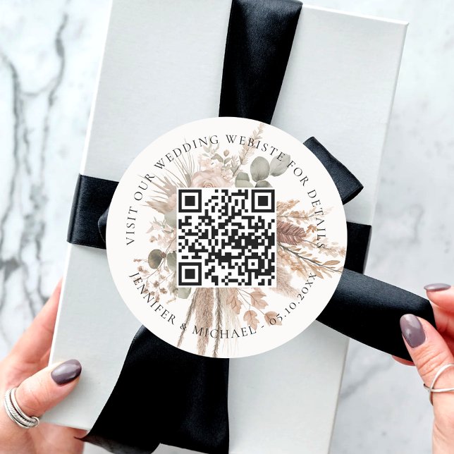 Sticker Rond Site mariage QR code détails rsvp pampas (Créateur téléchargé)
