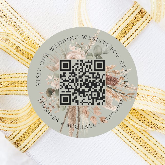 Sticker Rond Site mariage QR détails rsvp sauge pampas verte (Créateur téléchargé)