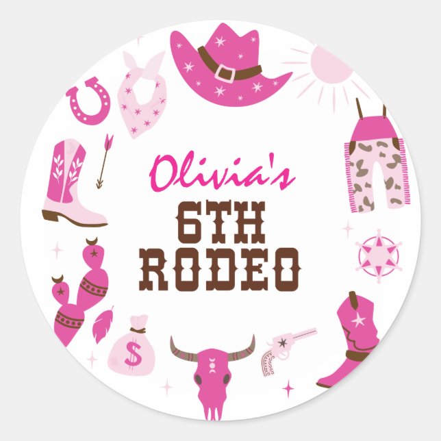 Sticker Rond Sixième Rodéo Rose Western Cowboy 6e anniversaire (Devant)