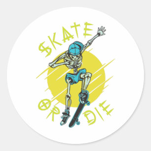 Sticker Rond Skate ou die Skeleton Skateboarder