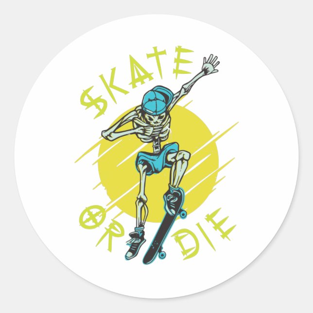 Sticker Rond Skate ou die Skeleton Skateboarder (Devant)