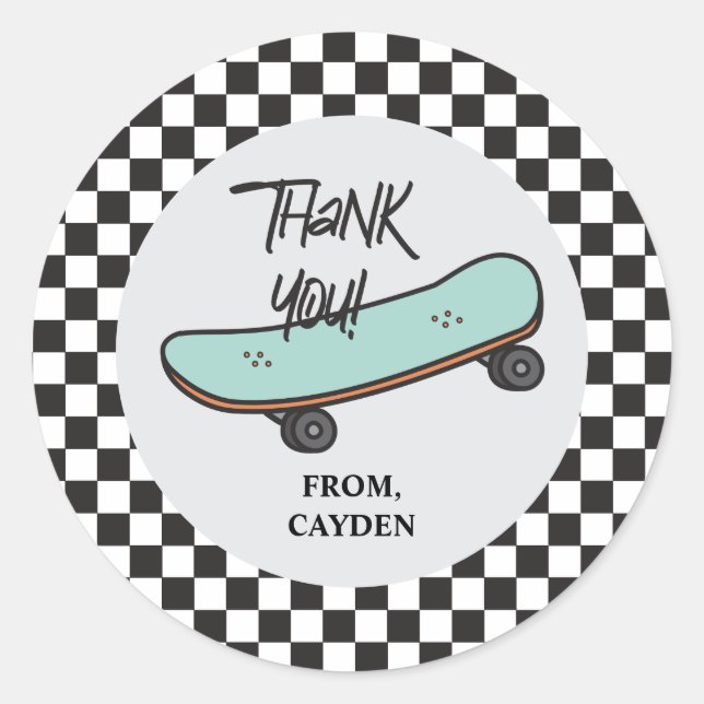 Sticker Rond Skateboard Let's Kick It Anniversaire Merci Favor (Devant)