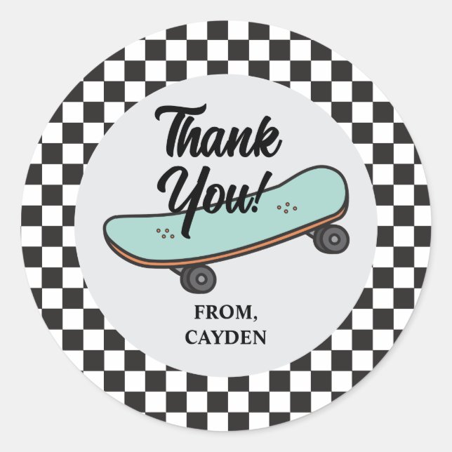 Sticker Rond Skateboard Let's Kick It Anniversaire Merci Favor (Devant)