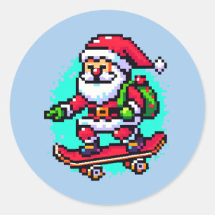 Sticker Rond Skateboard Père Noël - Fun Pixel Art Holiday Desig