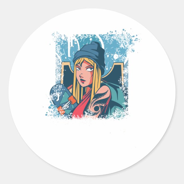 Sticker Rond Skater Girl Anime Skateboard Femmes Cadeau (Devant)