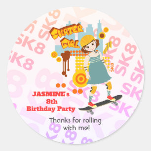 Sticker Rond Skater Park Fun Girl Birthday Party