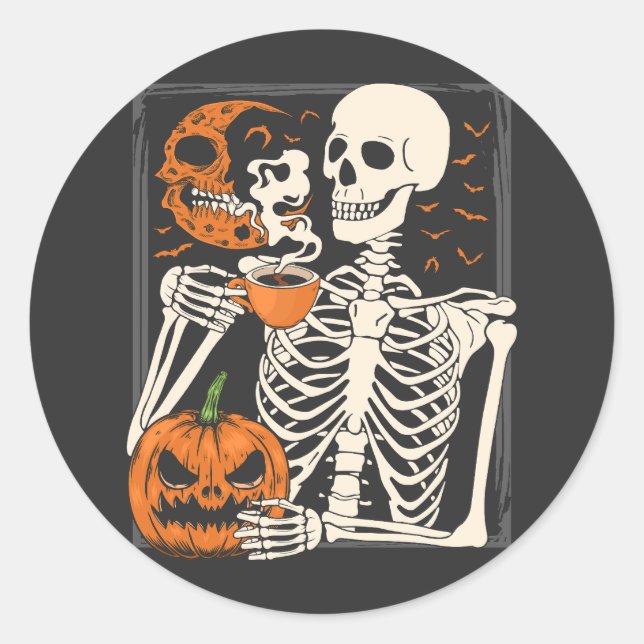 Sticker Rond Skeleton Boire Café Lover Halloween Crâne (Devant)