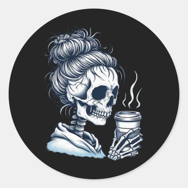 Sticker Rond Skeleton Boire Café Messy Bun Femmes Halloween (Devant)