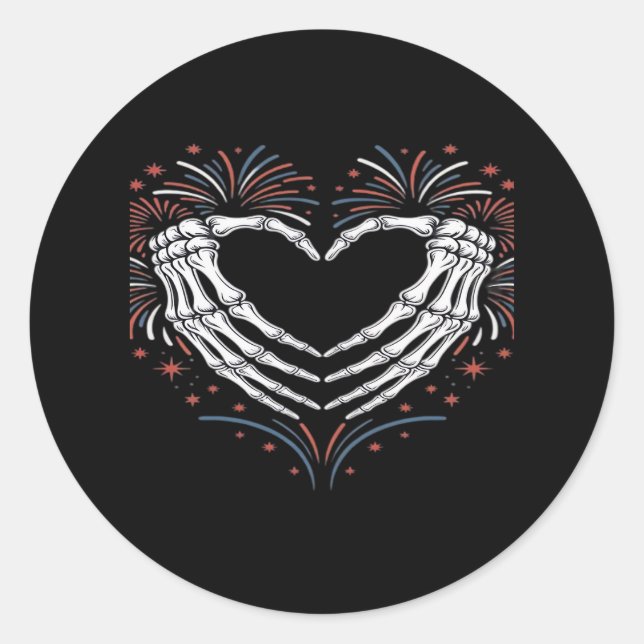 Sticker Rond Skeleton Coeur main 4ème De L'Amérique Patriotique (Devant)