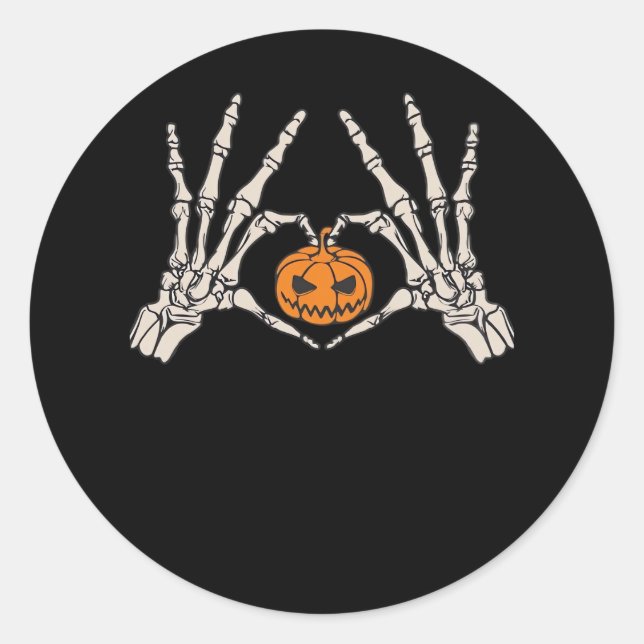 Sticker Rond Skeleton Coeur main et Citrouille Drôle Hondelle c (Devant)