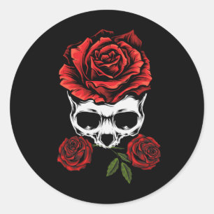 Sticker Rond Skeleton Crâne avec Rose Romantique Floral Décès