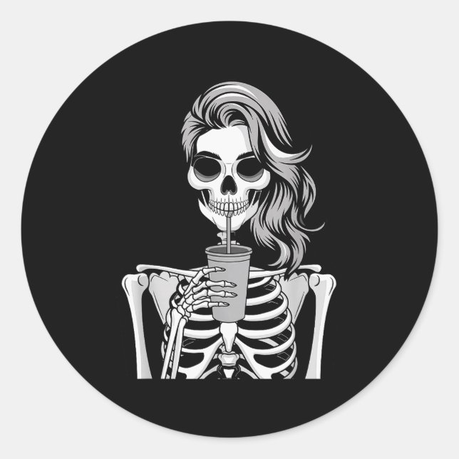 Sticker Rond Skeleton Drinking Beverage Monochrome Gothic Hallo (Devant)