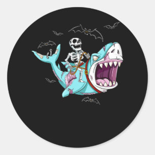 Sticker Rond Skeleton équitation Zombie Shark Funny Halloween c