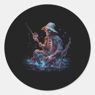 Sticker Rond Skeleton Fishing Halloween Basse Fisher Skeleton