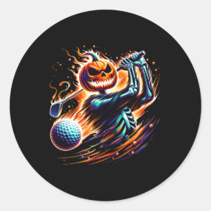 Sticker Rond Skeleton Golf Halloween Citrouille Golfer Golfer