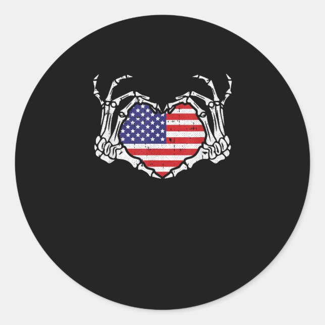 Sticker Rond Skeleton Hand Heart 4e Du Drapeau Américain Patrio (Devant)