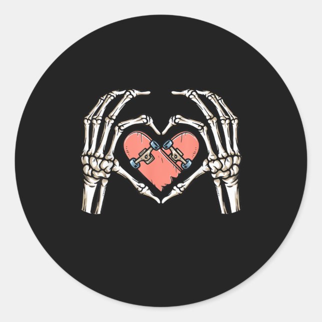 Sticker Rond Skeleton Hand Heart Skateboard Valentines Day Funn (Devant)