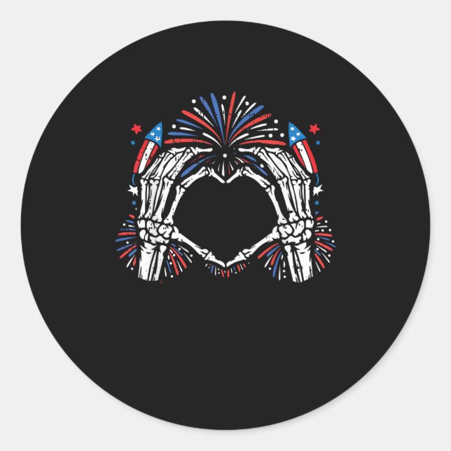 Sticker Rond Skeleton Hand Heart USA Patriotic American (Devant)