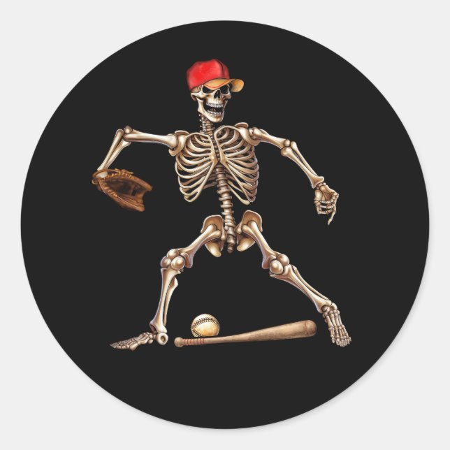 Sticker Rond Skeleton jouant au baseball Halloween Baseba Vinta (Devant)