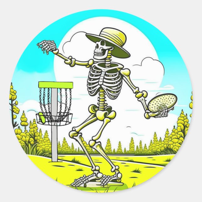 Sticker Rond Skeleton Jouer Disque Golf (Devant)