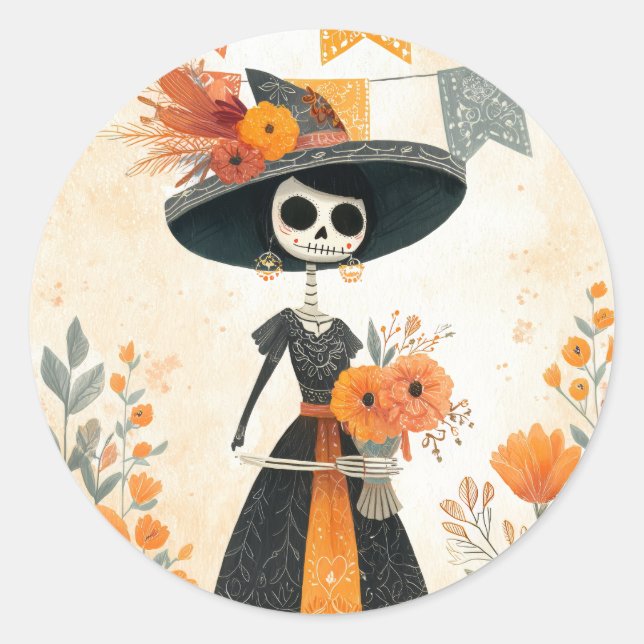 Sticker Rond Skeleton Lady La Catrina Jour des Morts (Devant)