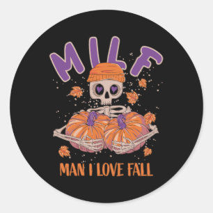 Sticker Rond Skeleton Man I Love Fall Fun Skeleton Citrouille H